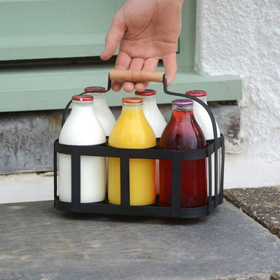 CKB LTD Milk Bottle Holder Powder Coated Steel Wire Metal Doorstep Crate Carrier Traditional Holds 6 Milk Bottles from B&Q