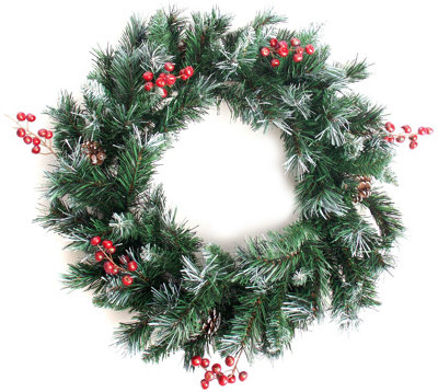 Best Artificial Deluxe Frosted Christmas Wreath With Pine Cones & Winter Red Berries from B&Q