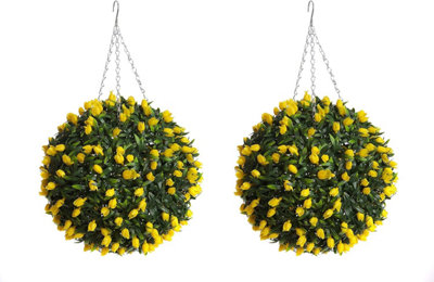 Pair Of Best Artificial 38Cm Yellow Lush Tulip Hanging Basket Flower Topiary BallWeather & Fade Resistant from B&Q
