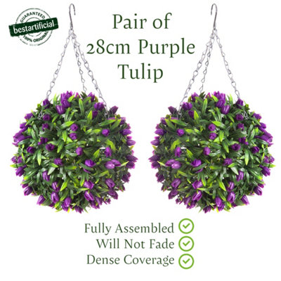 Pair Of Best Artificial 28Cm Purple Tulip Hanging Basket Flower Topiary BallSuitable For Outdoor UseWeather & Fade Resistant from B&Q