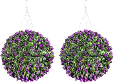 Best Artificial Pair Of 38Cm Lush Tulip Hanging Basket Flower Topiary Ball - Weather & Fade Resistant Purple