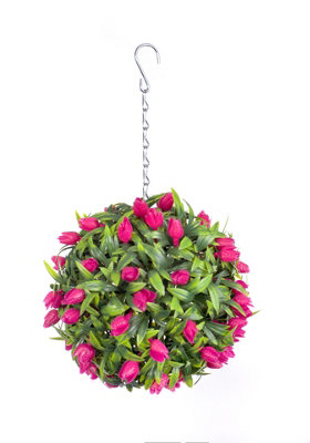 Pair Of Best Artificial 24Cm Pink Lush Tulip Hanging Basket Flower Topiary BallWeather & Fade Resistant from B&Q