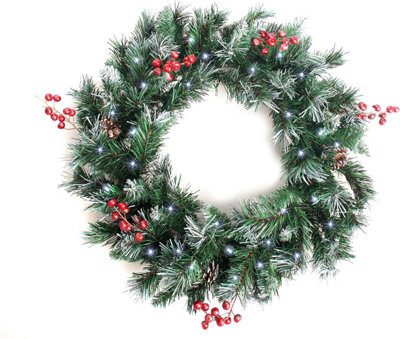 B&Q -  Deluxe Frosted Christmas Wreath With Pine ConesRed Berries & Lights