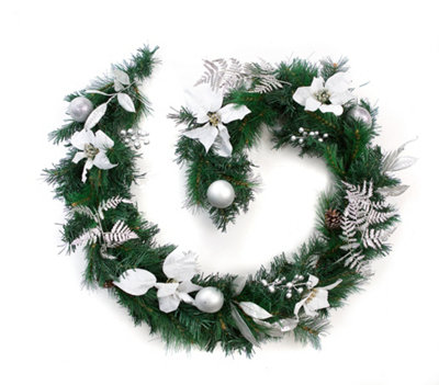 Best Artificial 6Ft Decorated White & Silver Decorated Christmas Garland With Baubles Berries And Pinecones Suitable For Fireplace from B&Q
