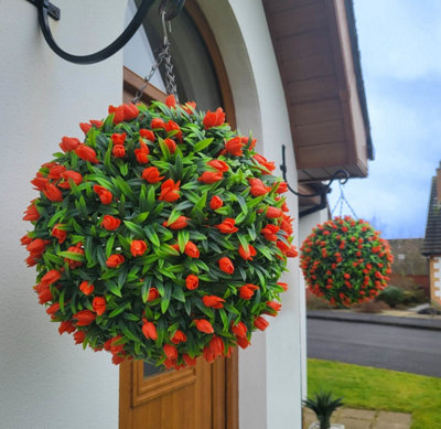 Best Artificial Pair Of 38Cm Lush Tulip Hanging Basket Flower Topiary Ball - Weather & Fade Resistant Orange