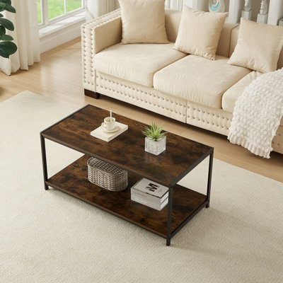 House Of Home Rustic Coffee Table 2 Tier Living Room Table With Metal Frame For Home Decor 100 X 50 X 45Cm Brown