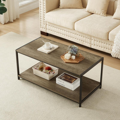 House Of Home Unisex Grey Coffee Table Rustic Wooden Light Brown Grain Finish Living Room Storage Shelf Tier In Size 2 - Image 4