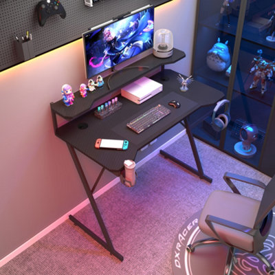 House Of Home Gaming Desk With Monitor Stand Carbon Fibre Top Black 118Cm from B&Q