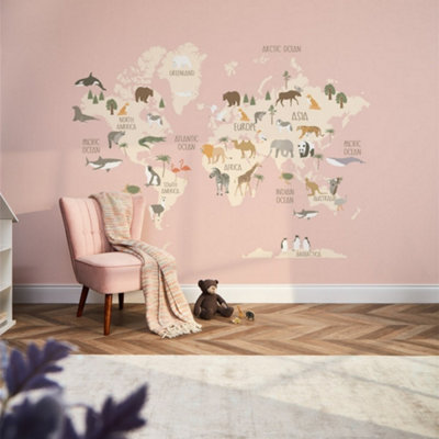 I Love Wallpaper Scandi Safari Map Mural In Pink (350Cm X 240Cm) from B&Q