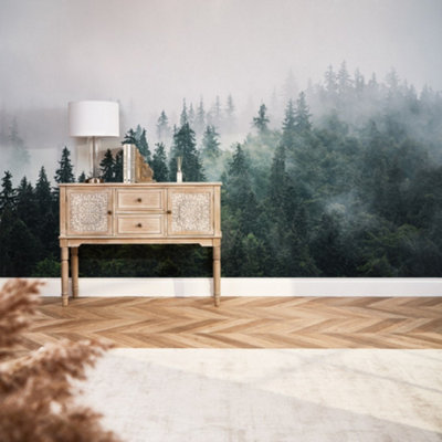 I Love Wallpaper Misty Trees Mural In Green And Grey (350Cm X 240Cm) from B&Q
