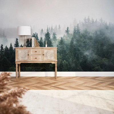 I Love Wallpaper Misty Trees Mural In Green And Grey from B&Q