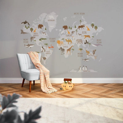 I Love Wallpaper Scandi Safari Map Mural In Grey from B&Q