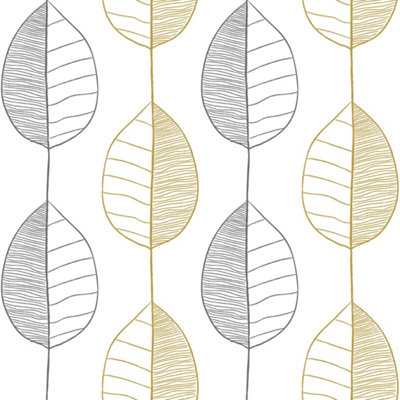 I Love Wallpaper Fika Leaf Wallpaper In White And Grey And Mustard from B&Q