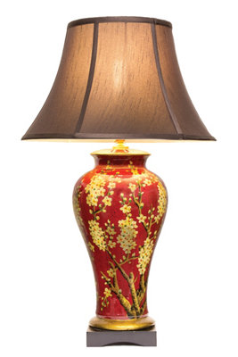 Downton Interiors Red Floral Oriental Chinese Ceramic Porcelain Table Lamp With Dark Shade from B&Q