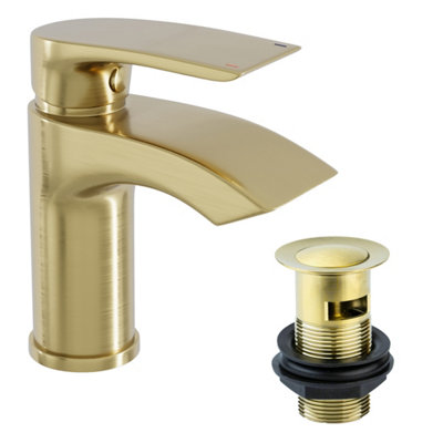 FNX Bathrooms Bubly Bathrooms Brushed Brass Sleek Waterfall Basin Sink Mixer Tap & Click Clack Waste from B&Q