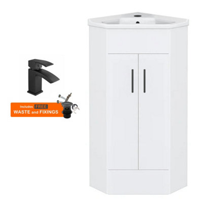 FNX Bathrooms Bubly Bathrooms™ Two Door Corner Vanity Unit & Basin Sink555mmGloss White With Black Tap from B&Q