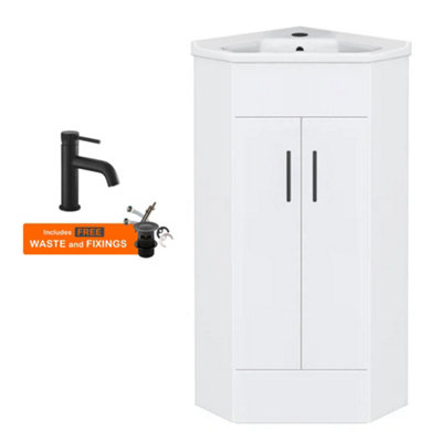 FNX Bathrooms Bubly Bathrooms™ Two Door Corner Vanity Unit & Basin Sink555mmGloss White With Black Tap from B&Q