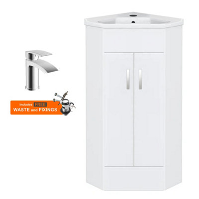 FNX Bathrooms Bubly Bathrooms™ Two Door Corner Vanity Unit & Basin Sink555mmGloss White With Chrome Tap from B&Q