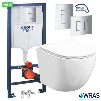 FNX Bathrooms Grohe 1.13M Concealed Cistern & Bubly D-Shape Rimless Wall Hung Toilet With Soft Close Seat from B&Q