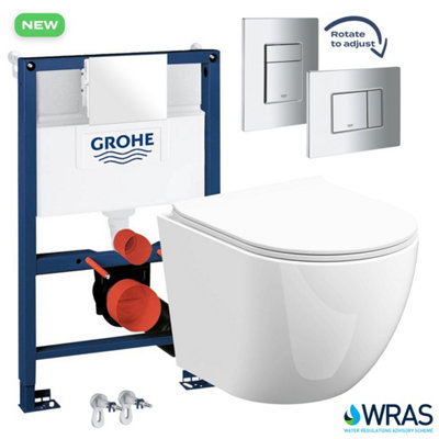 FNX Bathrooms Grohe 0.82M Low Height Concealed Frame & Bubly Rimless D-Shape Wall Hung Toilet Set With Soft Close Seat from B&Q