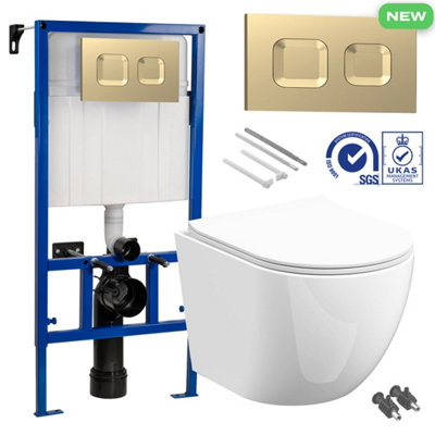 B&Q -  Bubly Bathrooms D-Shape Rimless Wall Hung Toilet Set With Low Height Cistern & Matt Gold Flush Plate