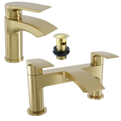 Fnx Bathrooms Brushed Brass Waterfall Basin & Bath Filler Tap PackModernDurableEasy Fit For Diy from B&Q