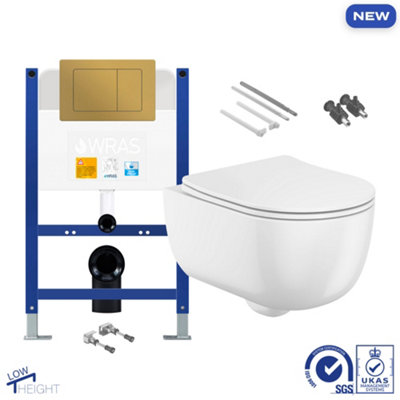 B&Q -  Bubly Bathrooms D-Shape Rimless Wall Hung Toilet Set With Low Height Concealed Cistern & Brushed Brass Flush Plate