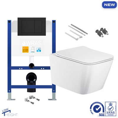 FNX Bathrooms Bubly Bathrooms Square Rimless Wall Hung Toilet & Space-Saving Concealed Cistern Frame With Black Flush Plate from B&Q