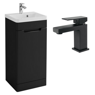 FNX Bathrooms Bathroom Vanity Basin Unit 400mm Matt Black & Square Basin Mono Mixer Tap & Waste Matt Black from B&Q