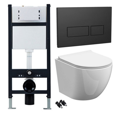 FNX Bathrooms Bubly Bathrooms™ White Rimless Wall Hung Toilet With Soft-Close Slimline Seat & Concealed CisternBlack Dual Flush from B&Q
