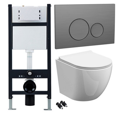 FNX Bathrooms Bubly Bathrooms™ Modern D-Shape Rimless Wall Hung Toilet Set With Concealed Cistern & Gunmetal Dual Flush Plate from B&Q
