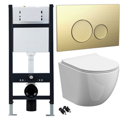 B&Q -  Bubly Wall Hung Rimless D-Shape Toilet & Slimline Soft Close Seat With 1.13M Concealed Cistern FrameBrass Flush Plate