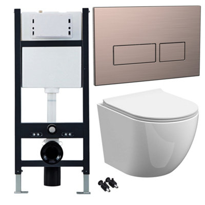 B&Q -  Bubly Bathrooms White D-Shape Rimless Wall-Hung ToiletSoft-Close Seat & 1.13M Concealed Cistern With Bronze Dual Flush