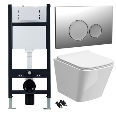 FNX Bathrooms Bubly Bathrooms™ White Rimless Square Wall Hung Toilet Set With 1.13M Concealed Cistern & Chrome Dual Flush Button from B&Q