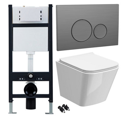 FNX Bathrooms Bubly Bathrooms™ White Rimless Square Wall Hung Toilet Set With 1.13M Concealed Cistern Frame & Gunmetal Button from B&Q