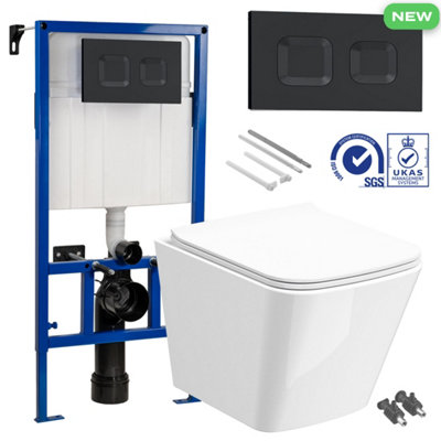 B&Q -  Bubly Bathrooms Square Rimless Wall-Hung Toilet & Low-Height Concealed Cistern Set With Matt Black Flush Plate