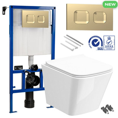 B&Q -  Bubly Square Rimless Wall-Hung Toilet Set With Low Height Concealed Cistern And Brushed Brass Dual Flush Plate