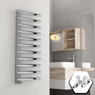 FNX Bathrooms Bubly Bathrooms™ 500X1200 Vertical Chrome Designer Towel Radiator With Oval Tubes & Angled Valves from B&Q