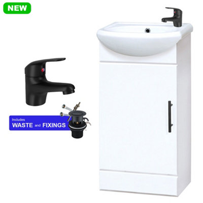 FNX Bathrooms Gloss White 400mm Freestanding Bathroom Vanity Unit With BasinBlack Tap & Waste Set from B&Q