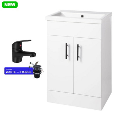 FNX Bathrooms 500mm Gloss White Freestanding Bathroom Vanity Unit With BasinMatt Black Tap & Handles from B&Q