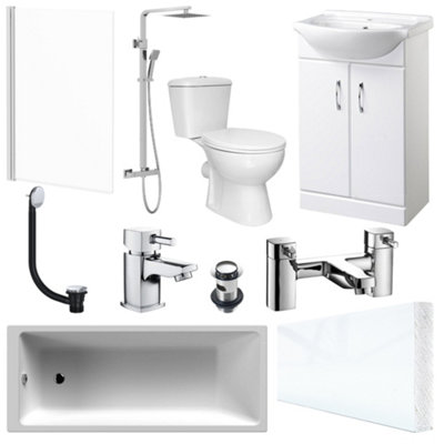Bubly Bathrooms™ 550mm Vanity Unit 1700mm Bath And Close Coupled Wc Toilet Set Chrome Thermostatic Shower Kit & Chrome Tap Set from B&Q