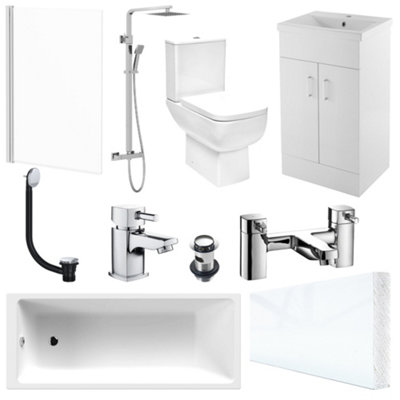 Bubly Bathrooms™ 600mm Vanity Unit 1700mm Bath And Close Coupled Wc Toilet Set Chrome Thermostatic Shower Kit & Chrome Tap Set from B&Q