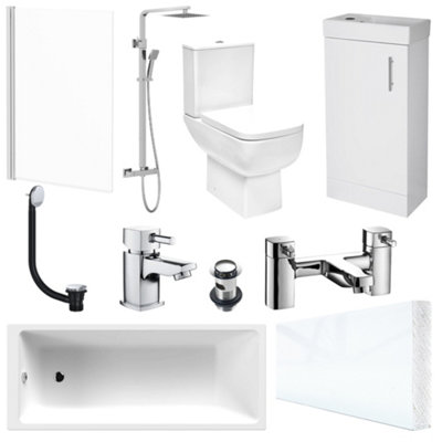 Bubly Bathrooms™ 400mm Vanity Unit 1700mm Bath And Close Coupled Wc Toilet Set Chrome Thermostatic Shower Kit & Chrome Tap Set from B&Q