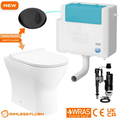 FNX Bathrooms Bubly Bathrooms™ Rimless Back To Wall Toilet & Concealed Cistern Set With Soft Close Seat & Black Oval Dual Flush Plate from B&Q