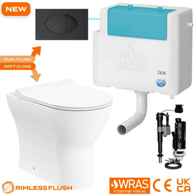 Bubly Bathrooms™ Back To Wall Toilet Rimless D Shape Btw Pan & Bottom Entry Dual Flush Concealed Cistern Set - Plate Black