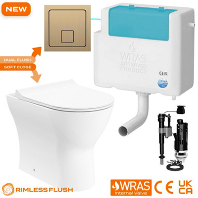 FNX Bathrooms Bubly Bathrooms™ Rimless D-Shape Back To Wall ToiletDual Flush Concealed Cistern & Brushed Brass Plate from B&Q