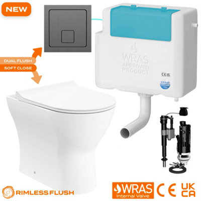 Bubly Bathrooms™ Back To Wall Toilet Rimless D Shape Btw Pan & Bottom Entry Dual Flush Concealed Cistern Set - Gunmetal Plate