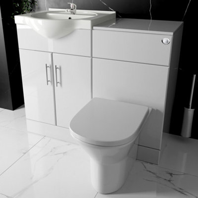 Bubly Bathrooms™ Saturn Gloss White 1033mm Bathroom Vanity Unit & Rimless Back-To-Wall Toilet Set from B&Q