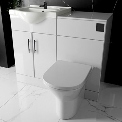 Bubly Bathrooms™ Gloss White Vanity & Wc Unit Set With Rimless D-Shape ToiletMatt Black Tap & Soft Close Doors from B&Q