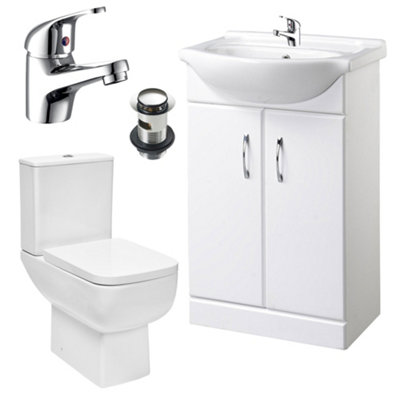 FNX Bathrooms Bubly Bathrooms™ 550mm Modern Gloss White Vanity Unit & Basin With Close Coupled Square Dual Flush Wc Toilet & Chrome Tap Set from B&Q